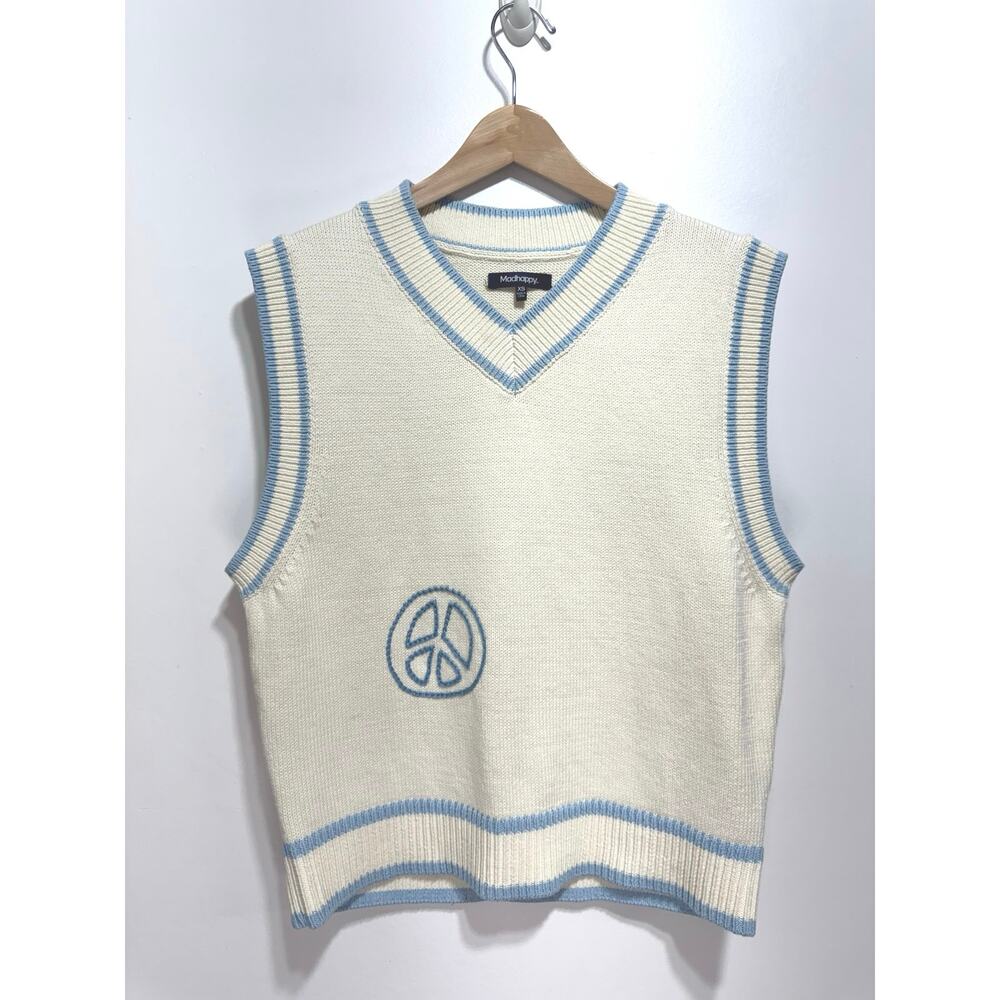 Madhappy Women’s Cotton Cable Knit Preppy Sweater Vest Size XS Ivory/Blue NWOT